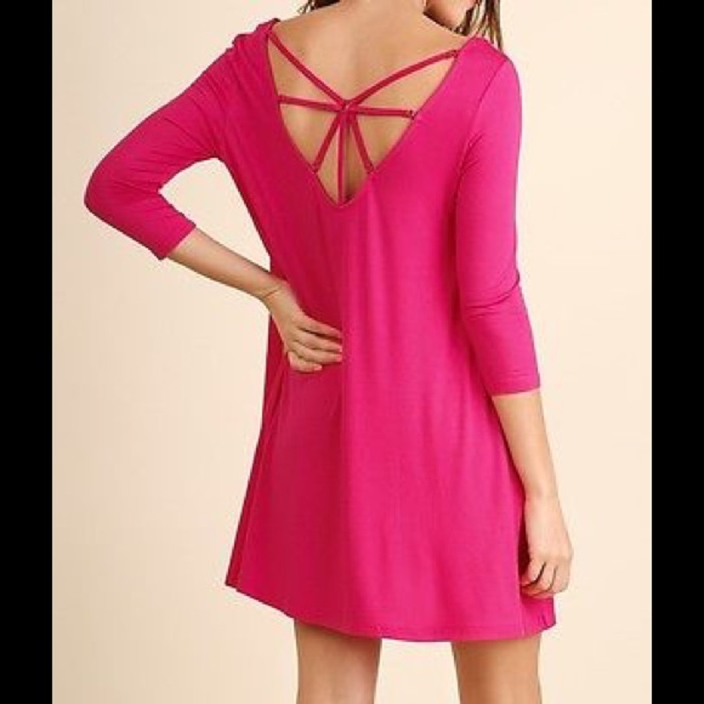 Umgee Mini Dress Fuchsia Criss Cross Back 3/4 Sleeve Casual Soft Jersey Tunic S